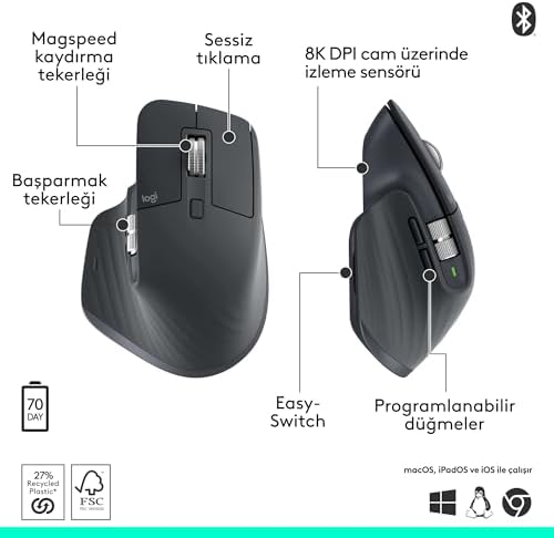 MX 3S Bluetooth Edition Performans Kablosuz Mouse, 8.000 DPI, Sessiz, Ergonomik, Ultra Hızlı Kaydırma, Çoklu Cihaz Özelliği, Bluetooth, Logi Bolt USB Alıcı, Siyah
