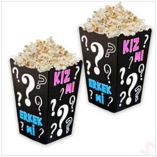 Kız mı Erkek mi Popcorn Kutusu, 8'li Set, Baby Shower ve Cinsiyet Partisi için Mısır Kutuları, Siyah