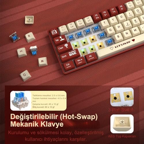 AJAZZ AK680 65% Kablolu Hotswap Mekanik Oyun Klavyesi,68 Tuşlu Taşınabilir Anti-Ghosting Klavye,Gökkuşağı Arkadan Aydınlatmalı Programlanabilir,Ergonomik,Kahverengi Kırmızı Beyaz, Anahtar-Mavi