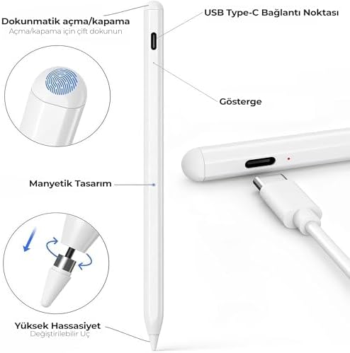 iPad Kalem – Pencil Alternatifi iPad Pencil | USB-C Hızlı Şarj, Rejection, 8 Saat Pil | iPad 6-10, Air, Pro, Mini Uyumlu, 2 Yedek Uç