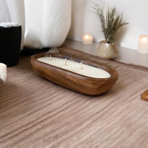 Dekoratif Ahşap Kayık Tabakta Kokulu Soya Mum – 3 Fitilli, Doğal ve Şık Tasarım