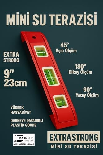 Mini Su Terazisi, 23 cm, Mıknatıslı, Kompakt Su Terazisi, Plastik Gövde, Hassas Ölçüm Seviyelendirme Aracı
