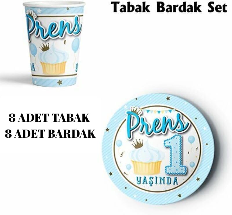 Alternative view of Prens 1 Yaşında Parti Sofra Takımı, 8 Kişilik, Mavi-Altın Renk, 8 Tabak ve 8 Bardak