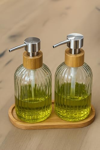 2’li Cam Sıvı Sabunluk Seti – Füme Renk, 300 ml Şeffaf Cam Gövde, Doğal Bambu Başlık ve Stand – Modern Pompalı Dispenser – Banyo, Mutfak ve Lavabo Üstü Kullanım için Uygun
