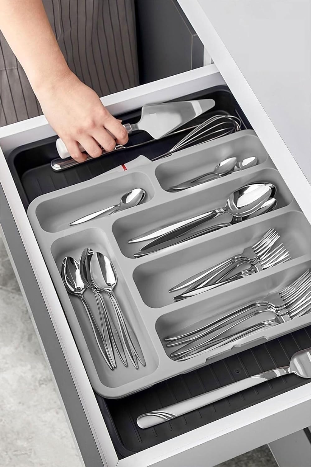 Alternative view of 6 Bölmeli Büyütülebilir Kaşıklık – Çekmece İçi Çatal Kaşık Bıçak Düzenleyici Organizer, Ayarlanabilir ve Kaymaz Mutfak İçi Düzenleyici-Çekmece,Mutfak Düzenleyci (Gri)
