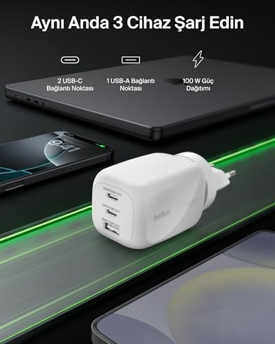 Alternative view of 3 Bağlantı Noktalı USB-C Fişi 100 W, GaN Duvar Şarj Cihazı, 2 USB-C ve 1 USB-A Bağlantı Noktası, EU/BK/ABD Fiş Uçları, MacBook,, iPad Pro, Galaxy, vb., Beyaz