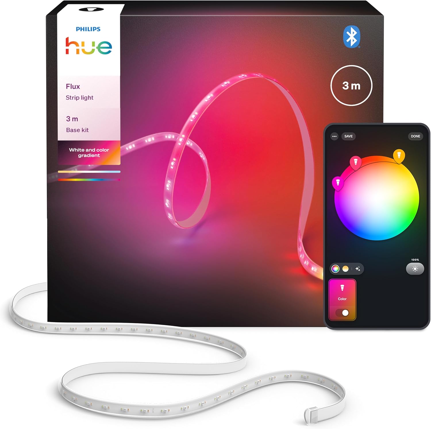 Alternative view of Hue Flux 3 m LED ışık şeridi, 1200 lm, canlı renkler, esnek iç aydınlatma, Chromasync renk karışımı, RGBWWIC, kesilebilir, genişletilebilir, tekrar kullanılabilir, uygulama ve sesli kontrol