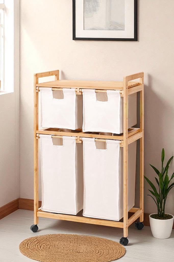 Bambu 4 Bölmeli Kirli Sepetli Çamaşır Sepeti Raflı Banyo Düzenleyici DB-0018