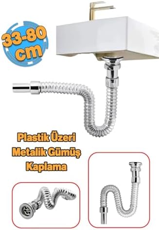 Alternative view of 80 Cm Krom Körüklü Lavabo Gider Borusu – Esnek Metal Lavabo Sifon Hortumu, Uzatılabilir Gider Borusu, Banyo ve Mutfak Lavaboları İçin Dayanıklı Sifon Bağlantı Hortumu