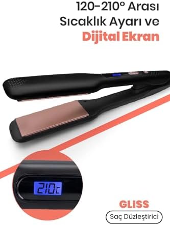Gliss Keratin Kaplamalı Seramik Plaka Saç Düzleştirici - 210°C Ayarlanabilir Isı, Geniş Plaka, Saç Yıpranmasını Önler ve Parlaklık Kazandırır, Dijital Ekran, 360° Kablo, BY-5116, Siyah