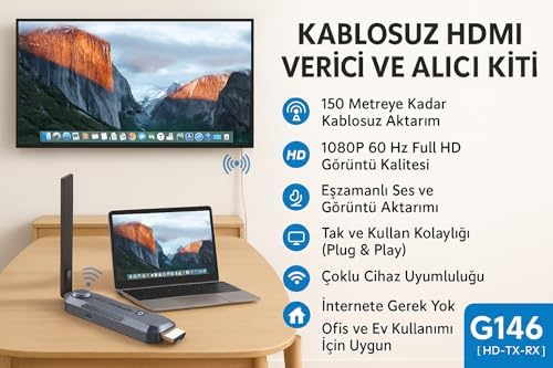 Kablosuz HDMI Verici ve Alıcı Kiti - Uydudan Projeksiyona | 150 Metre Menzil | 1080P 60Hz Notebook'dan TV'ye Görüntü Aktarımı | HD-TX-RX | Tak-Çalıştır | Çoklu Cihaz Desteği - G146 HDMI