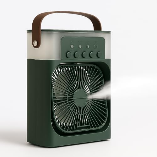 Hava Soğutucu Vantilatör - Haki - 7 Renk LED Işıklı Mini Hava Soğutucu, Buharlı Nemlendirici, Parfüm Hazneli, Zaman Ayarlı, Taşınabilir USB Fan (Ev & Ofis İçin)