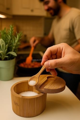 Kapaklı Kaşıklı Ahşap Baharatlık Doğal Ahşap Baharat Kabı Kaşık ve Kapaklı Tasarım Mutfak Tezgahı İçin Şık Pratik Tuz Şeker Saklama Kutusu Baharat Organizer
