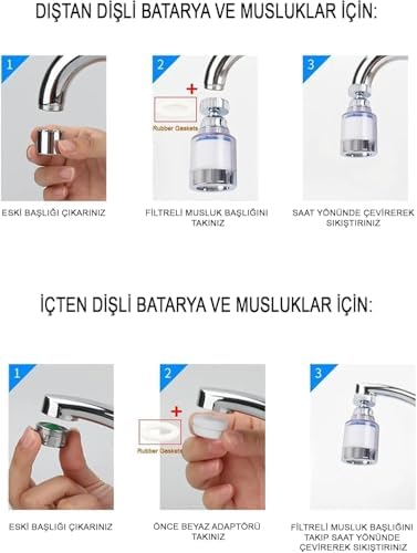 2 ADET Musluk Başlığı Seti – 360° Döner Su Tasarruf Başlığı,Kireç Önleyici,Tazyikli Akış, Uyumlu Musluk Aparatı, Filtreli Musluk Başlığı 360 Derece Dönen Pas, Tortu, Kireç Önleyici (2)