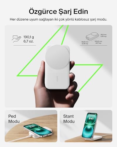 UltraCharge MagSafe Uyumlu 3’ü 1 Arada Qi2 25W Kablosuz Şarj Cihazı, 17,, AirPods, Pixelsnap, Dönüştürülebilir Masaüstü Standı, 45W Adaptör, Beyaz
