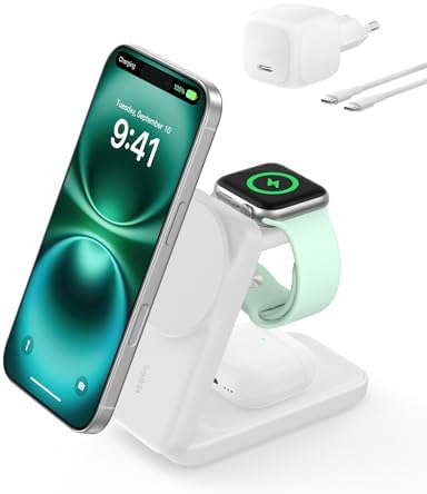 Alternative view of UltraCharge MagSafe Uyumlu 3’ü 1 Arada Qi2 25W Kablosuz Şarj Cihazı, 17,, AirPods, Pixelsnap, Dönüştürülebilir Masaüstü Standı, 45W Adaptör, Beyaz
