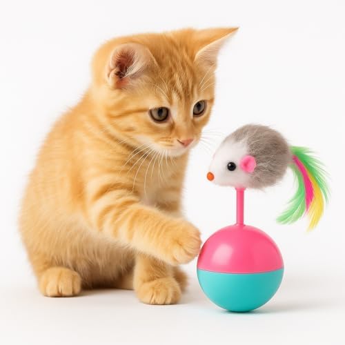 Kedi Oyuncağı – Devrilmez Denge Topu ve Tüy Kuyruklu Fare – Hareketli Interaktif Kedi Topu – Yavru ve Yetişkin Kediler İçin – 14 cm x 8 cm – 1 Adet