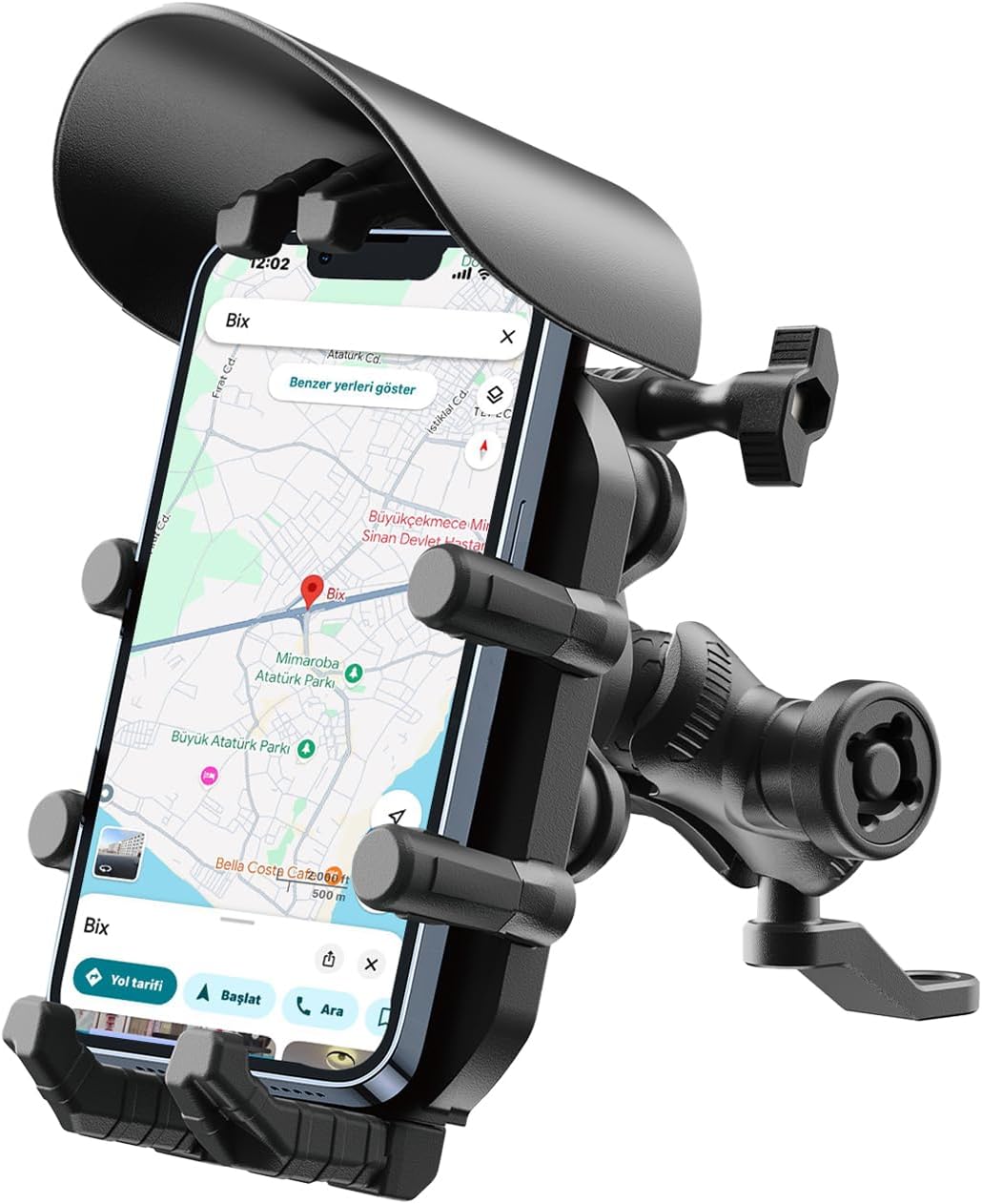 Alternative view of Bix BMPH05 Güneş ve Yağmur Korumalı Ayna Bağlantılı 360° Derece Ayarlanabilir Güneşlikli Motosiklet Bisiklet Scooter için Telefon Tutucu