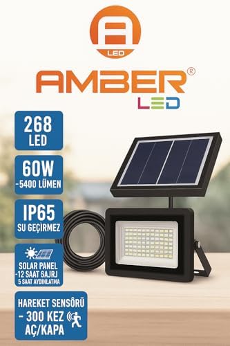 LED 268 LED'li Solar Projektör – 60W, 5400 Lümen, 10 Metre Kablolu, IP65 Su Geçirmez, 6500K Beyaz Işık, Hareket Sensörlü Güneş Enerjili Dış Mekan Aydınlatma