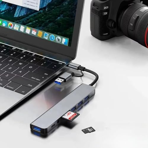 Alternative view of USB C Hub, 8 in1- USB Hub 3.0 çoklu bağlantı noktalı adaptör, USB 3.0 bağlantı noktası, SD/TF kart okuyucu, USB-C ve 3 x USB 2.0 veri bağlantısı, 3,5 mm kulaklık bağlantısı, MacBook Uyumlu