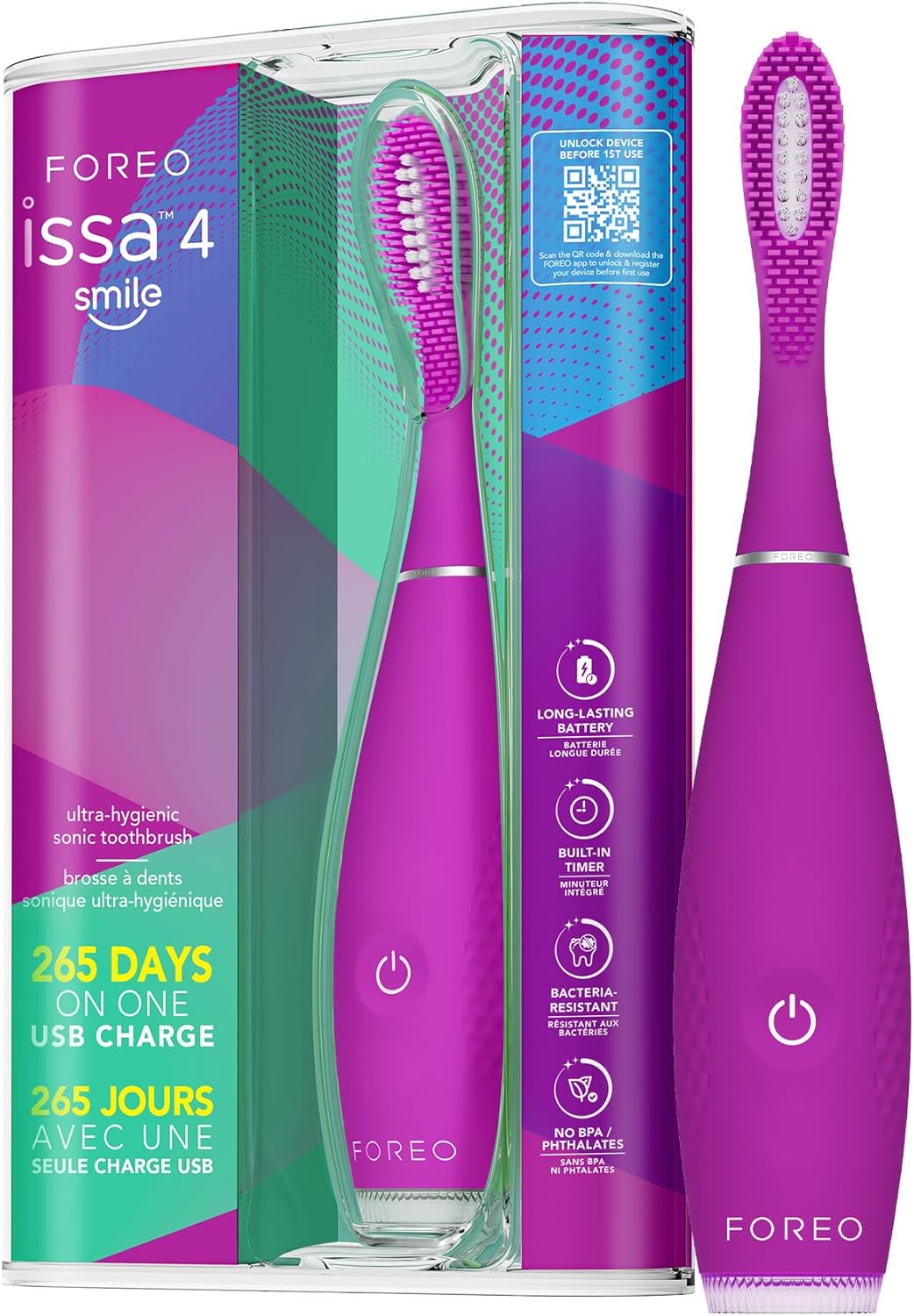 FOREO issa 4 Smile Elektrikli Diş Fırçası – Kompakt ve Seyahat Dostu, 4'ü 1 Arada Hibrit Fırça Başlığı, Plaklara Karşı Dayanıklı - Büyülü mor
