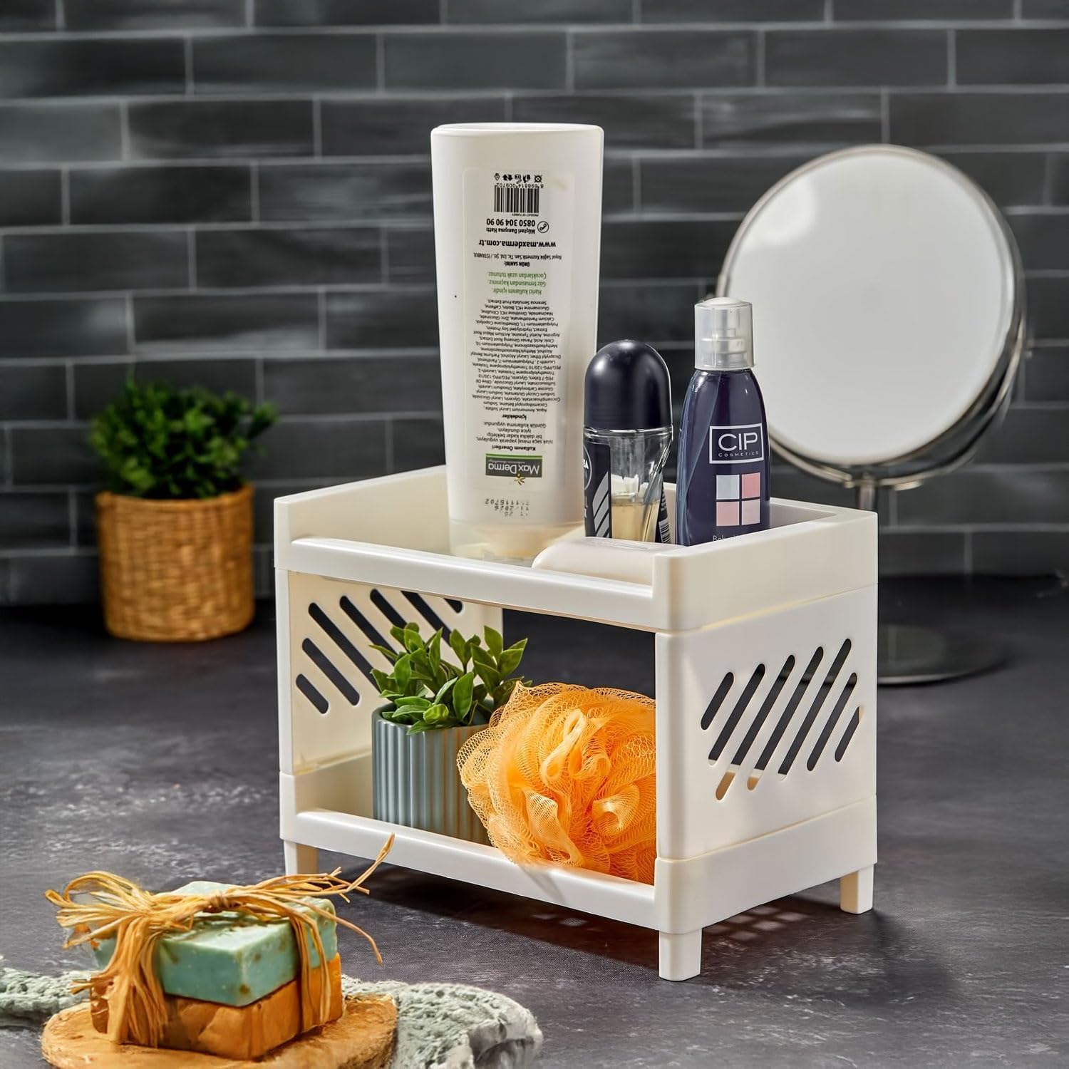 2 Katlı Çok Amaçlı Makyaj Organizeri – Şeffaf Akrilik Takı & Kozmetik Düzenleyici | Banyo, Mutfak ve Çalışma Odası İçin Raf | Modern ve Yer Tasarruflu