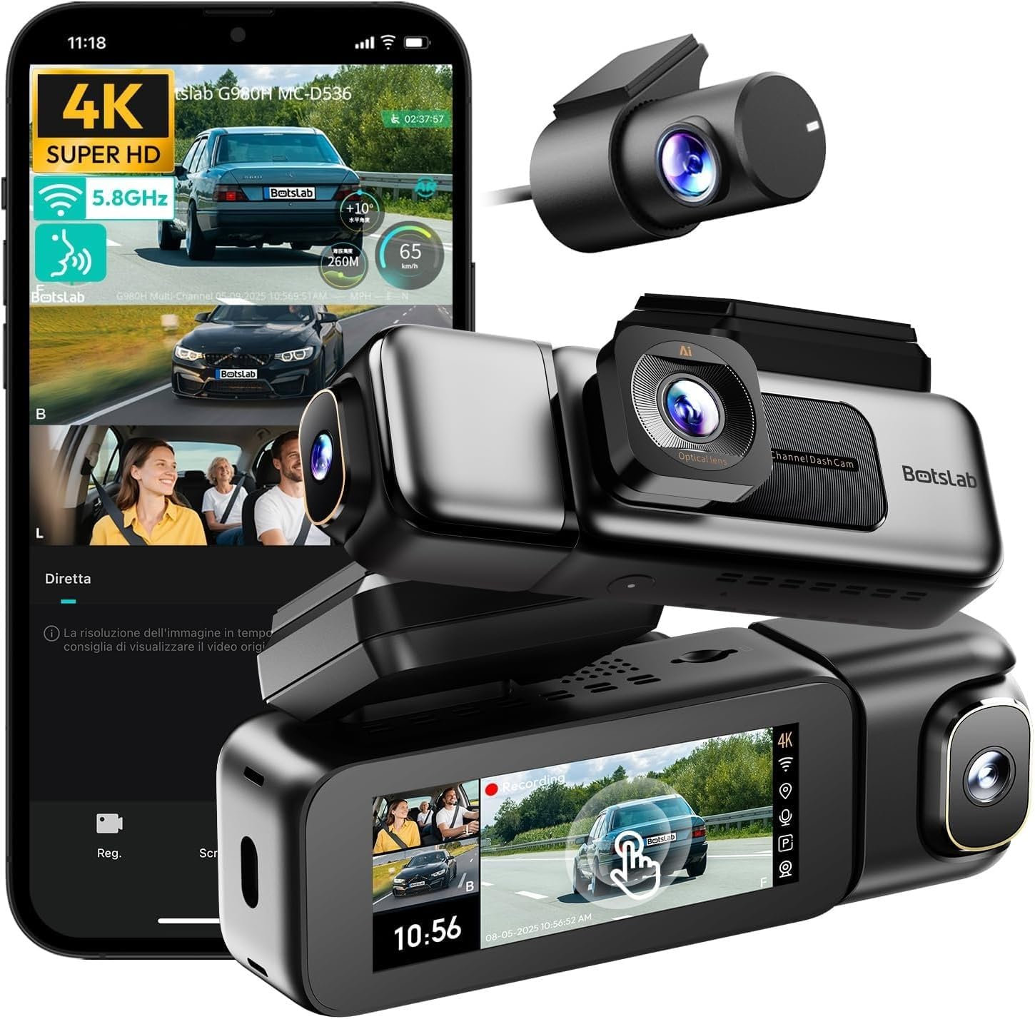 Ses Kontrolü,3 Kanallı 3,18 inç Dokunmatik Ekran, 2160P + 1080P + 1080P Ön ve Arka İç Döngü Kaydı, 5,8 GHz WiFi, GPS, Gece Görüşü, WDR, Modu ile 4K Araç Kamerası 128 Gb Hafıza Kartlı