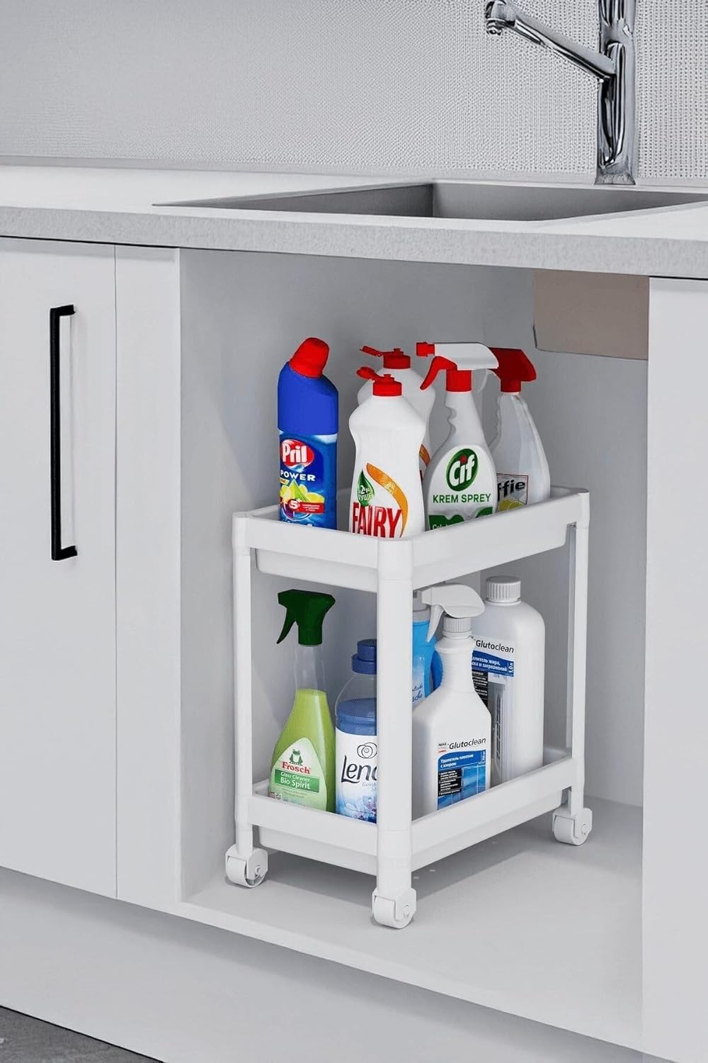 Alternative view of Pro 2 Katlı Beyaz Tekerlekli Çok Amaçlı Banyo & Mutfak Düzenleyici Raf - Evye Altı Raf Beyaz 40 X 35