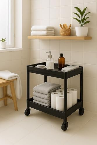 Pro 2 Katlı Siyah Tekerlekli Çok Amaçlı Banyo & Mutfak Düzenleyici Raf – Evye Altı Deterj Siyah 40 X 35