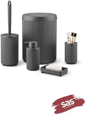 Modern 5 Parça Banyo Seti – Çöp Kovası, WC Fırçası, Sabunluk, Diş Fırçalık ve Sıvı Sabunluk – Mat Banyo Aksesuar Seti – Plastik Ribbed Tasarım