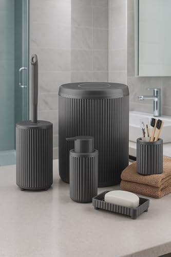 Alternative view of Modern 5 Parça Banyo Seti – Çöp Kovası, WC Fırçası, Sabunluk, Diş Fırçalık ve Sıvı Sabunluk – Mat Banyo Aksesuar Seti – Plastik Ribbed Tasarım