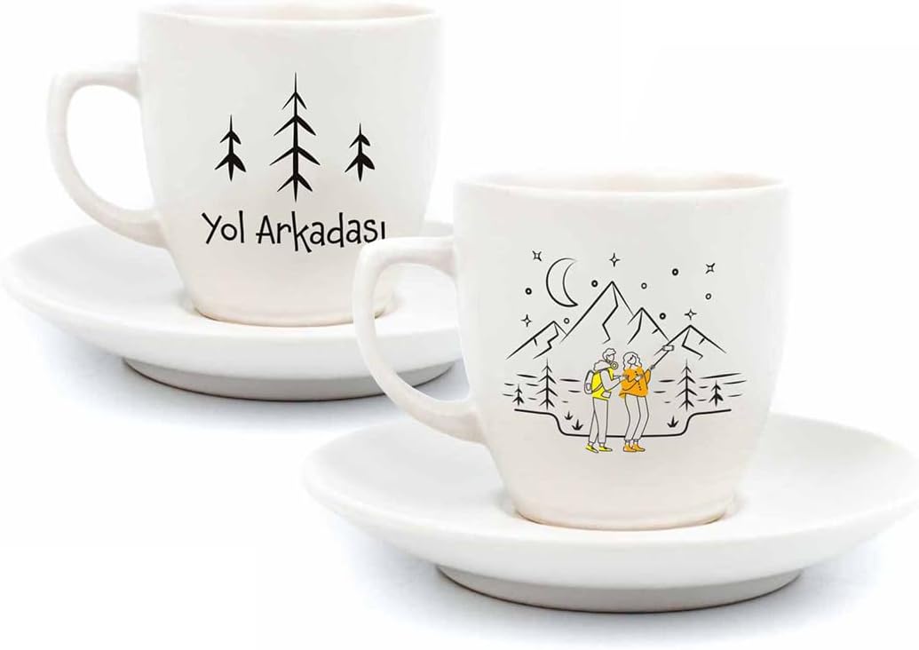 Alternative view of Yol Arkadaşı Temalı 2 Kişilik 4 Parça Krem Türk Kahvesi Fincan Seti - Hediyelik Kahve Fincanı Seti