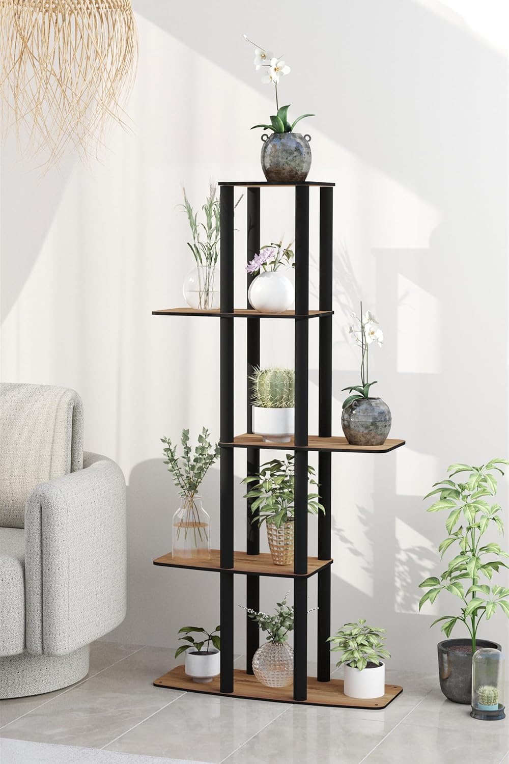 Alternative view of Dekoratif Çiçeklik Raf – 60x25x120 cm | MDF Gövde, PVC Kenar, Kolay Kurulum, Demonte Gönderim | Messer Marka E1 Standardı Uyumlu Raf Ünitesi (Ceviz)