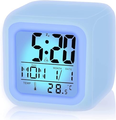Çalar Saat, LED Çocuk Alarm Saati, 7 Renk Değiştiren Gece Işıklı Küp Dijital Saat, Zaman, Tarih, Sıcaklık, Uyku Fonksiyonu, Pille Çalışan Dijital Saat, Çocuklar, Gençler, Kızlar İçin (Beyaz)