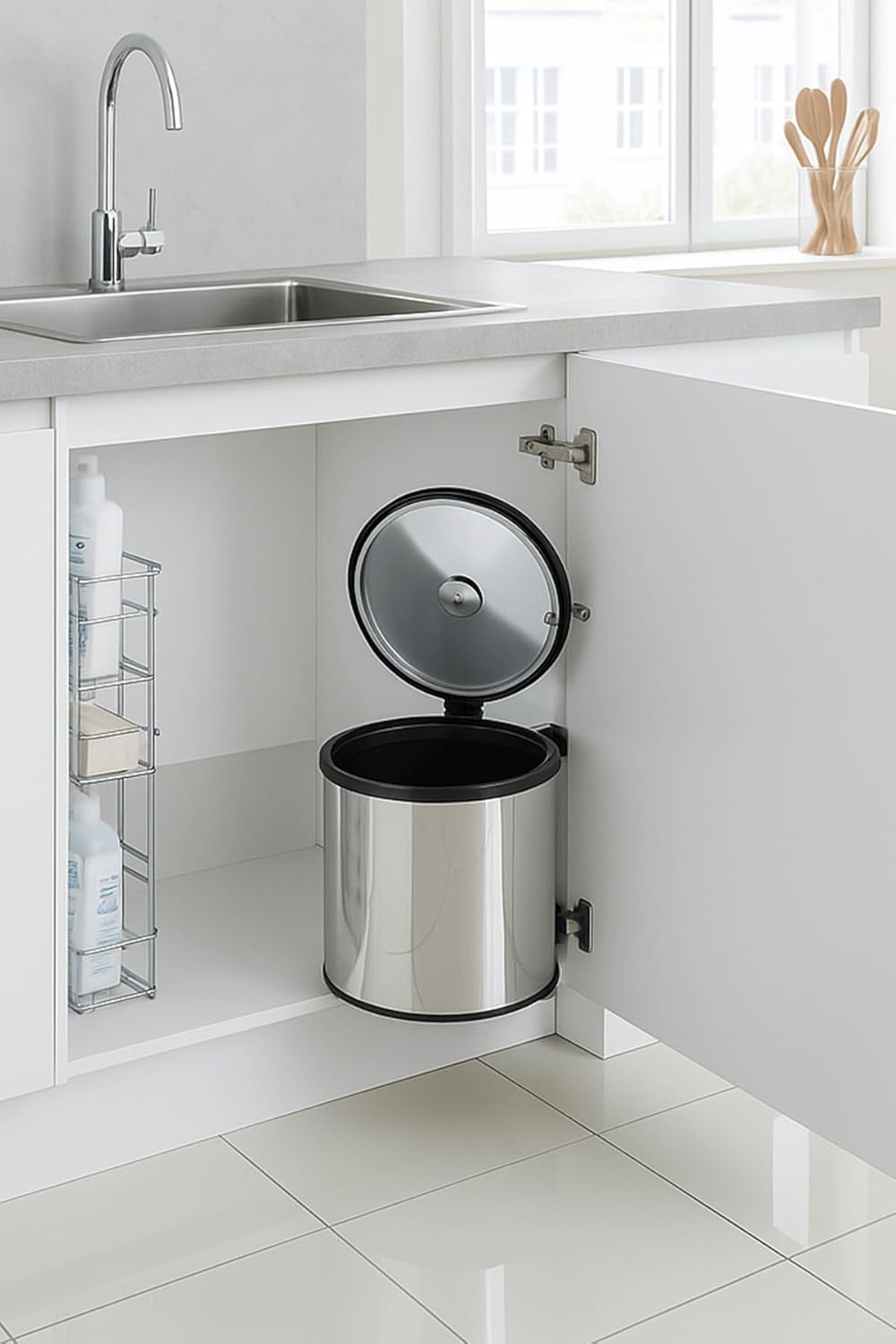 Alternative view of Banyo, Mutfak Dolap içi 11 Litre Metal Çöp Kovası – Krom, Tüm Dolaplara Uyumlu Tezgah Altı Çöp Kovası
