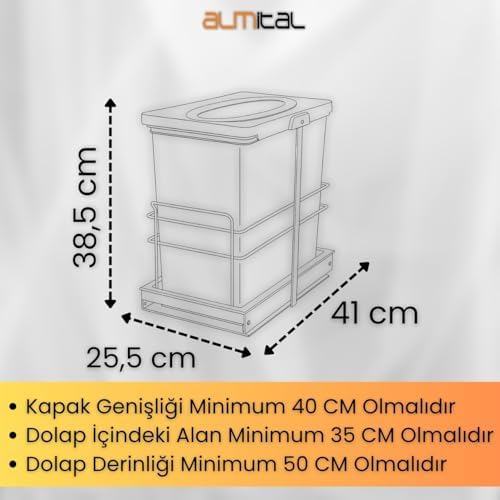 Cassone 24, Dolap içi Teleskopik Raylı ANTRASİT Çöp Kovası 24 Litre, minimum kapak genişliği 40 cm.