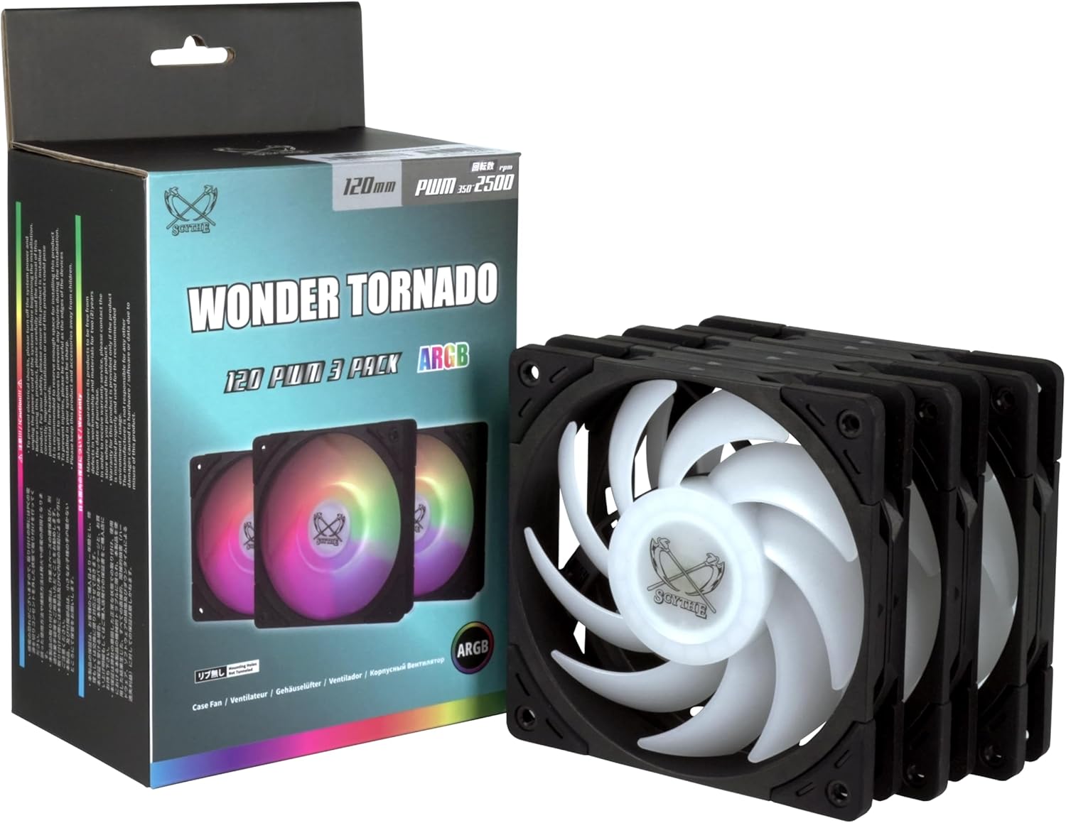 SCYTHE Wonder Tornado 120mm ARGB Siyah Kasa Fanı 3’lü Paket, 25mm Kalınlık, 2500 RPM, 12V 4-Pin Güç, 3-Pin ARGB Aydınlatma, PBT Malzeme, Gaming ve Performans Sistemleri İçin