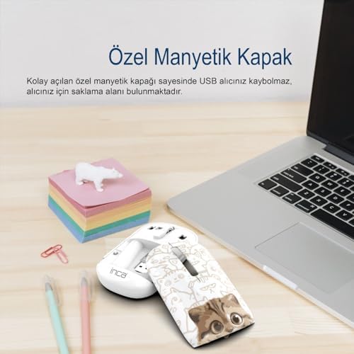 Inca IWM-242KT Çift Mod Şarj Edilebilir Kedi Desenli Sessiz Mouse, Bluetooth 5.4 + 2.4G, 500mAh, 70g, Beyaz