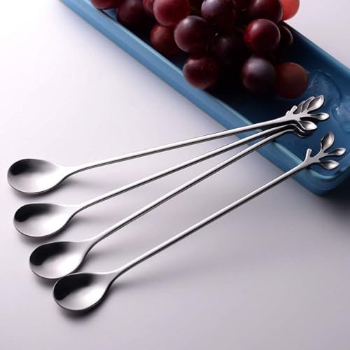 Uzun kaşık, 10 adet 18 cm yaprak saplı çay kaşığı seti, ayna parlatma işlemli, kokteyl karıştırma, sundae, tatlı kabı için mükemmel, gümüş paslanmaz çelik tatlı kaşığı