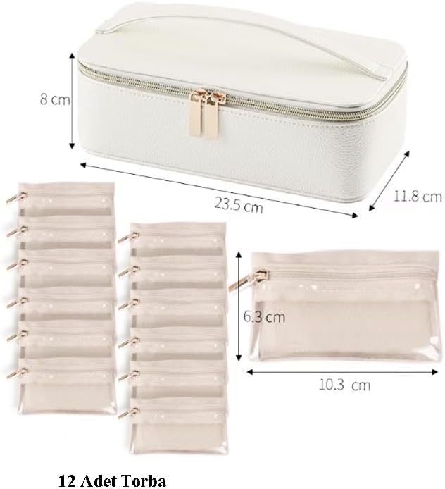 KM-10 Lüks Takı Kutusu, Beyaz Deri, 23.5x11.8x8 cm, Taşınabilir Mücevher Organizatörü, 12 Adet Kese Hediyeli, Fermuarlı Saklama Çantası