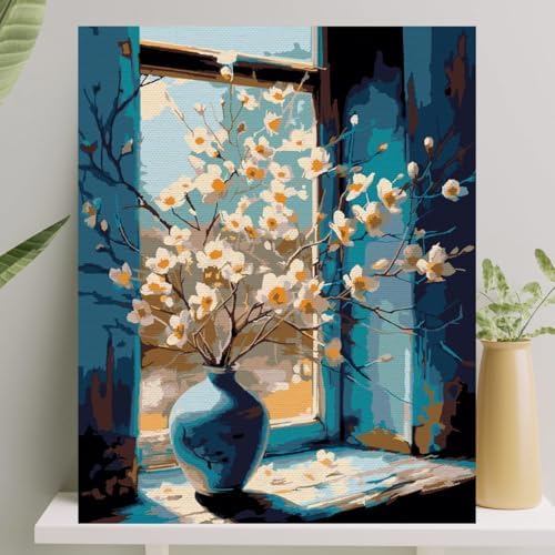 Sayılarla Boyama Tuval Seti Fırça Boya Dahil Çıtaya Gerili 40x50 CM - Camdaki Vazo