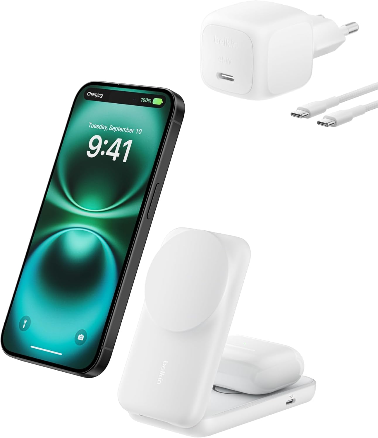 UltraCharge MagSafe Uyumlu 2’si 1 Arada Qi2 25W Kablosuz Şarj İstasyonu, 16, AirPods, Pixelsnap, Dönüştürülebilir Masaüstü Standı, USB-C Portlu, 45W Adaptör, Beyaz