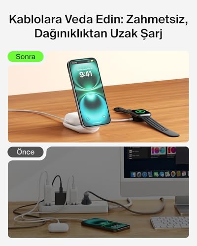 Alternative view of UltraCharge MagSafe Uyumlu 2’si 1 Arada Qi2 25W Kablosuz Şarj İstasyonu, 16, AirPods, Pixelsnap, Dönüştürülebilir Masaüstü Standı, USB-C Portlu, 45W Adaptör, Beyaz
