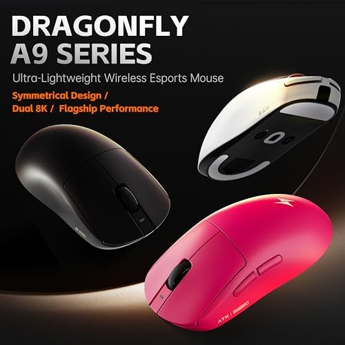 ATK Dragonfly A9 serisi kablosuz oyun faresi, hafif 53-57 g, PAW3950 Ultra / PAW3395 sensör, 42000 DPI'ya kadar, 8K yoklama, buz hissi kaplama, üç modlu bağlantı (A9 Plus, beyaz)