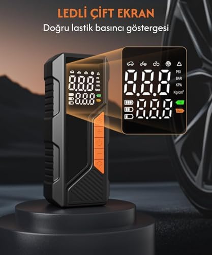 Dijital Göstergeli Led Işıklı Taşınabilir Powerbank 4500mAh Araç Bisiklet Top Lastik Şişirme Hava Kompresörü