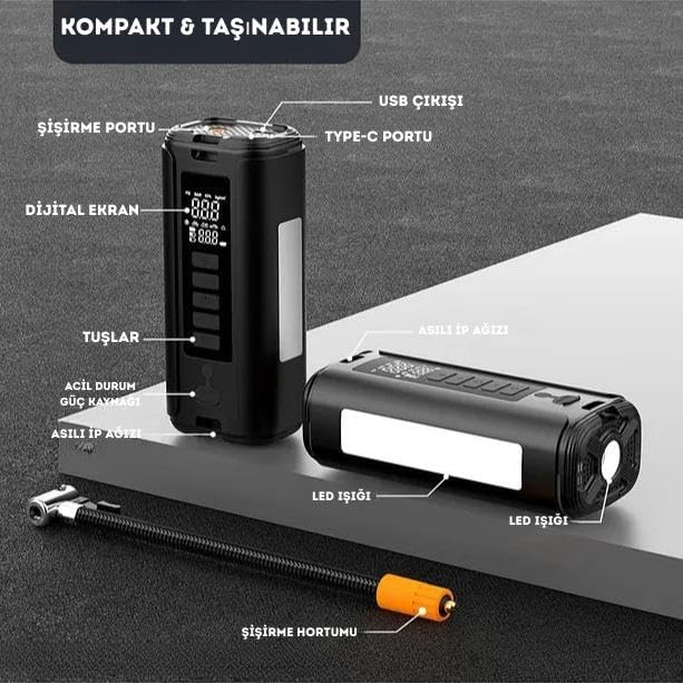 Alternative view of 12000mAh Led Işıklı Powerbank Özellikli Acil Durum Akü Takviye Kablolu 800A Araç Motor Lastik Şişirme Hava Kompresörü 100W