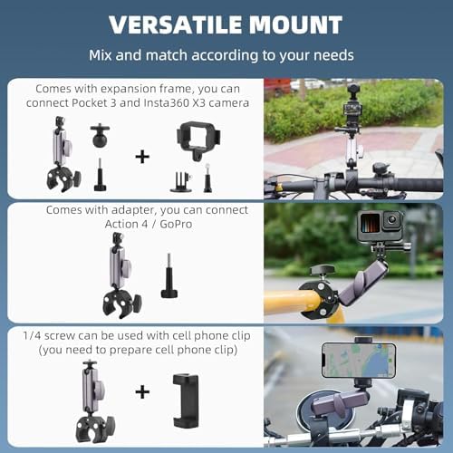 Kamera Bisiklet ve Motosiklet Gidon Montaj, Alüminyum Alaşımlı Kelepçe, 360°, ile uyumlu X5 X4 X3 Ace Pro Go 3S, DJI Osmo 2 Mobile 7P Action 5 Pro 4 3 ile Uyumlu, MM1, Gri