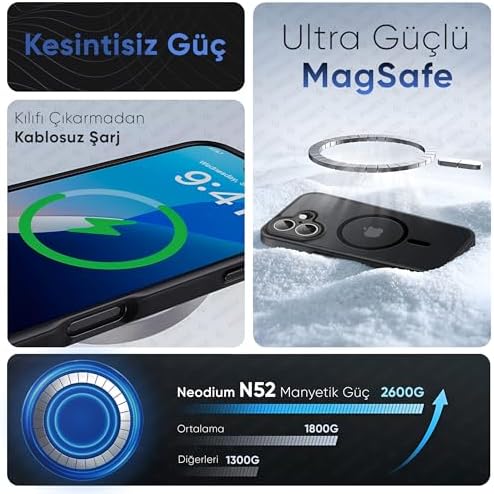 17 için MagSafe ile Uyumlu MattCover Serisi Arkası Mat Polikarbonat Kenarları Silikon ve Köşeleri Güçlendirilmiş Kamera Korumalı ince Silikon Kılıf (Manyetik, 17)