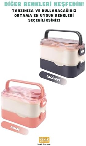 Bento 1350ml Lunchbox 2 Katlı 3 Bölmeli ve Sosluklu Çelik Sefer Tası Yemek Kutusu Çatal Kaşık Hediyeli (Pembe)