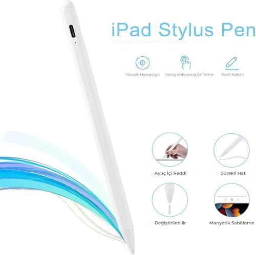 Tablet Kalemi iPad Uyumlu – Stylus Kalem, Avuç İçi Reddetme & Eğim Özelliği, Hassas Yazım, 2 Yedek Uç Dahil, iPad Pro/iPad Mini/iPad Air